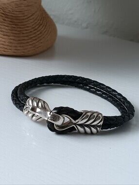 David Yurman Men's Black Leather Sterling Silver Two Row Wrap Chevron Bracelet